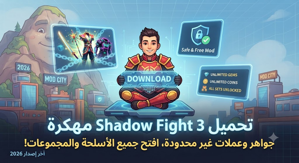 تحميل Shadow Fight 3 مهكرة (Mod APK) آخر إصدار 2026: جواهر وعملات غير محدودة، افتح جميع الأسلحة والمجموعات!