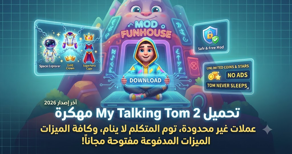 تحميل My Talking Tom 2 مهكرة (آخر إصدار 2026): عملات غير محدودة، توم المتكلم لا ينام، وكافة الميزات المدفوعة مفتوحة مجاناً!