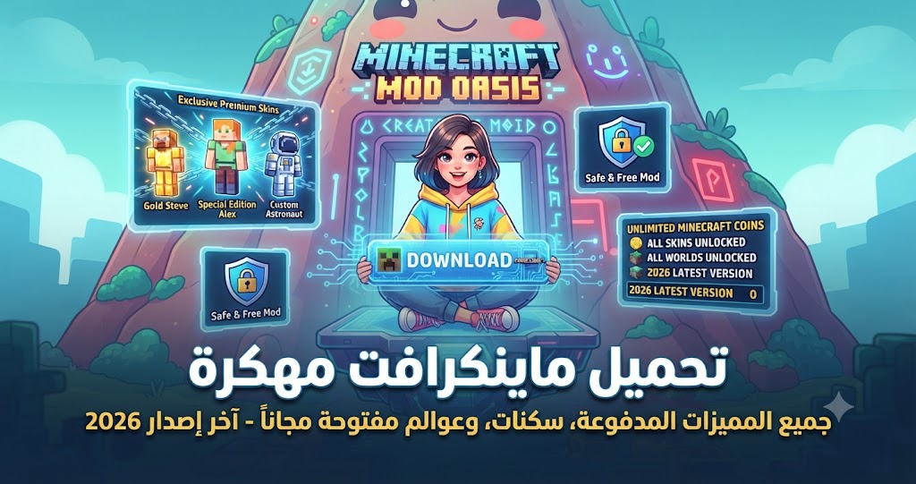 تحميل ماينكرافت مهكرة (Minecraft Mod APK) آخر إصدار 2026: جميع المميزات المدفوعة، سكنات، وعوالم مفتوحة مجاناً!