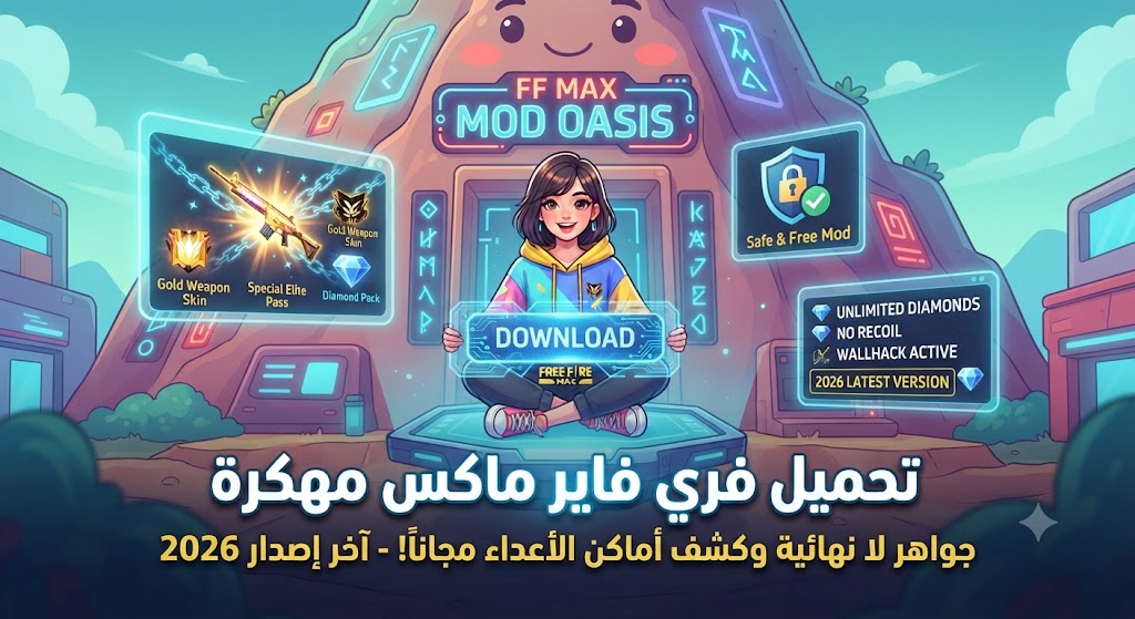 تحميل فري فاير ماكس مهكرة (Free Fire MAX Mod APK) آخر إصدار 2026: جواهر لا نهائية وكشف أماكن الأعداء مجاناً!